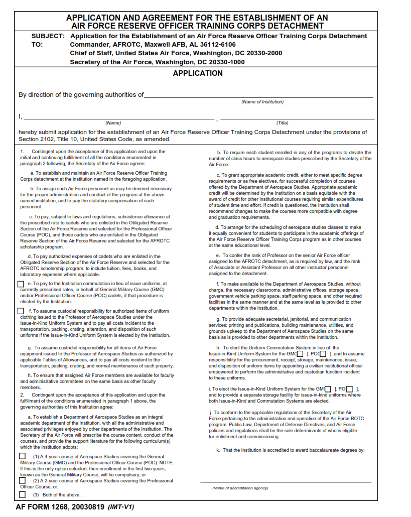 AF Form 1268 - Application and Agreement for the Establishment of an Air Force Reserve Officer Training Corps Detachment