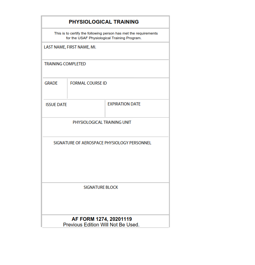AF Form 1274 - Physiological Training