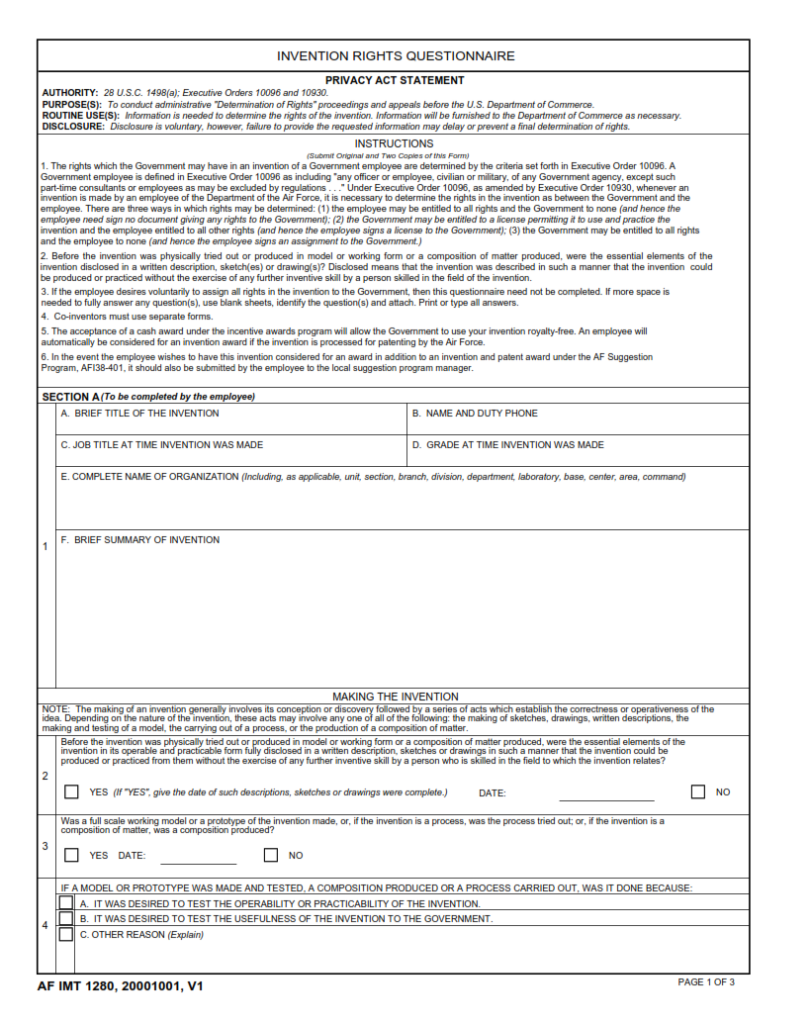 AF Form 1280 – Invention Rights Questionnaire | Finder Doc