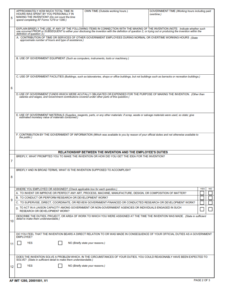 AF Form 1280 - Invention Rights Questionnaire Part 2