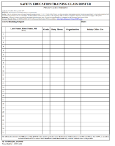 AF Form 1286 - Safety Education Training Class Roster Part 1