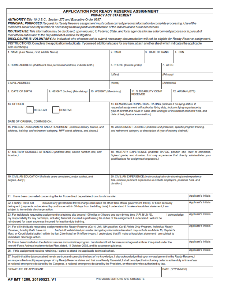 AF Form 1288 – Application For Ready Reserve Assignment | Finder Doc