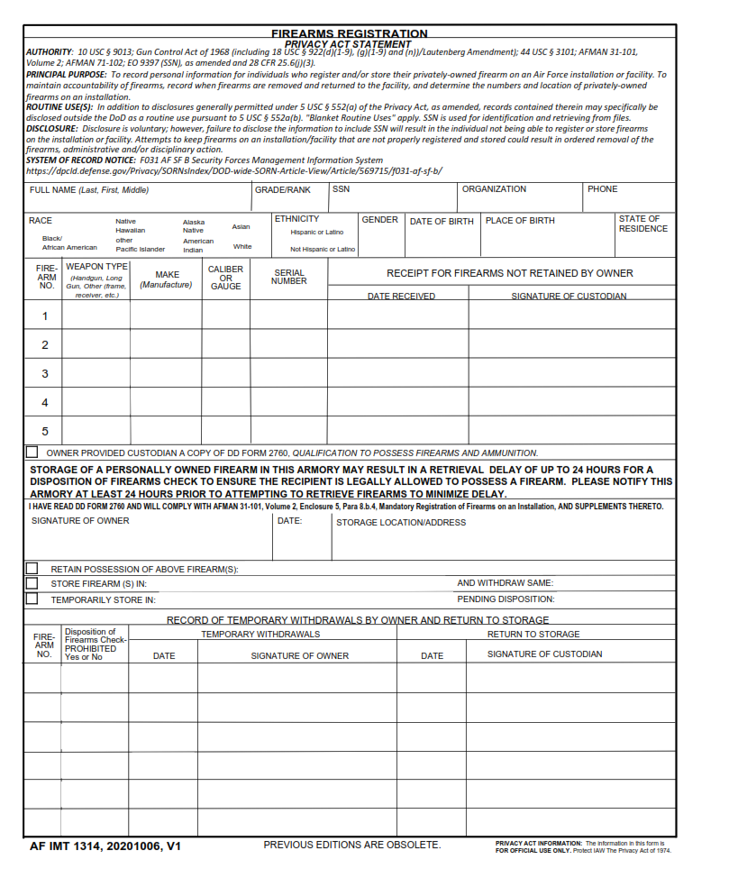 AF Form 1314 - Firearms Registration Part 1