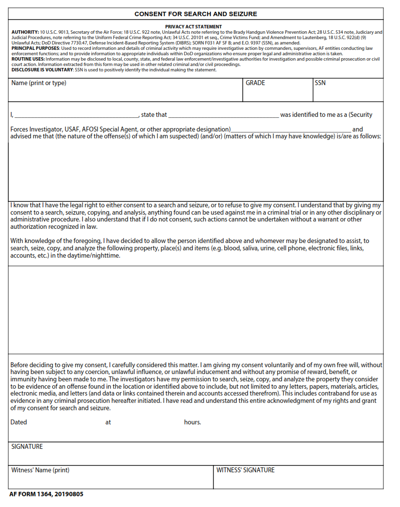 AF Form 1364 - Consent For Search And Seizure
