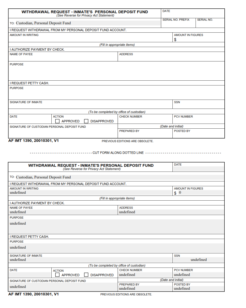 AF Form 1390 - Withdrawal Request - Inmate's Personal Deposit Fund Part 1