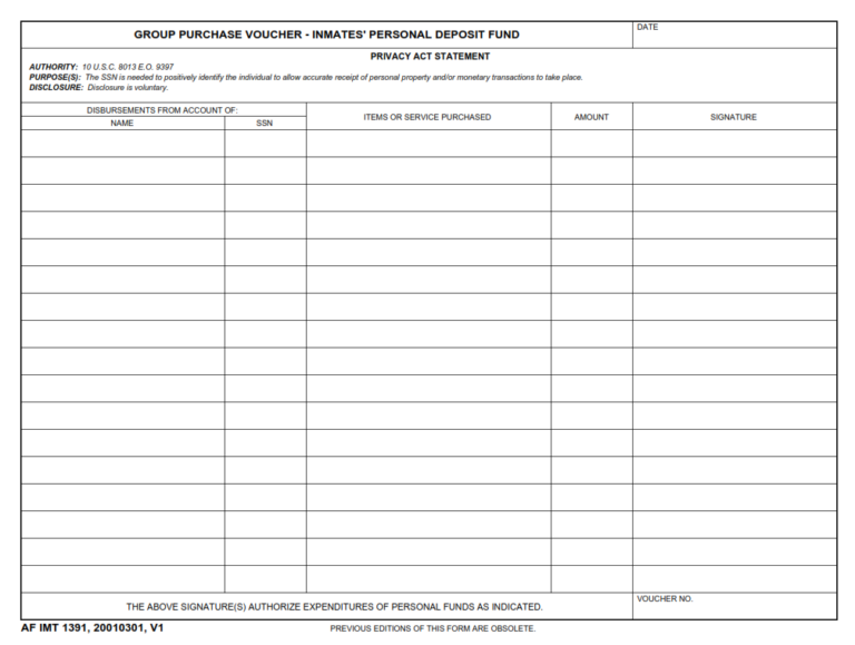 AF Form 1391 – Group Purchase Voucher – Inmate”S Personal Deposit Fund ...