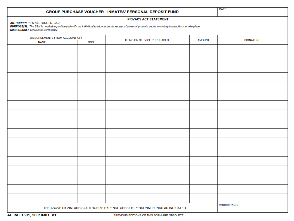 AF Form 1391 - Group Purchase Voucher - Inmate''S Personal Deposit Fund