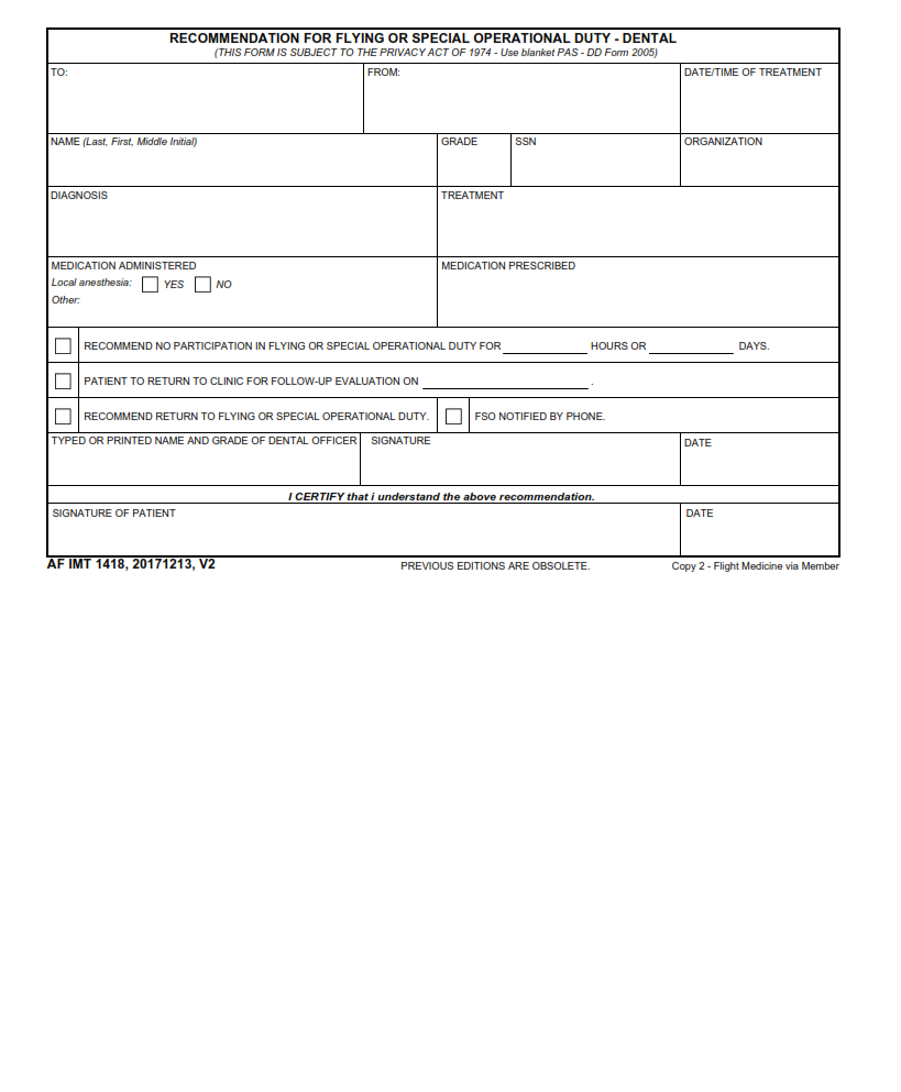 AF Form 1418 - Recommendation For Flying Or Special Operation Duty - Dental Part 2