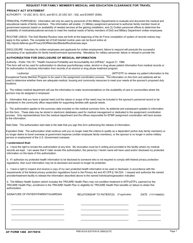 AF Form 1466 - Request For Family Member's Medical And Education Clearance For Travel Part 1