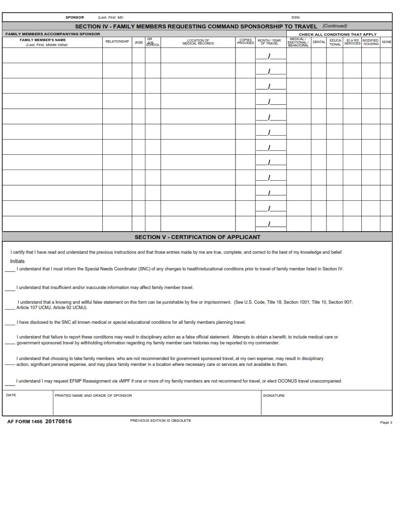 AF Form 1466 - Request For Family Member's Medical And Education Clearance For Travel Part 3