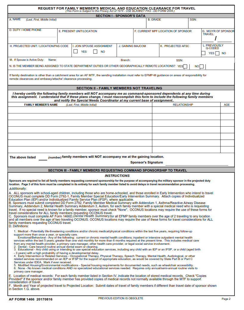 AF Form 1466 - Request For Family Member's Medical And Education Clearance For Travel part 2