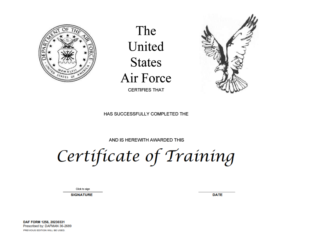 DAF Form 1256 - Certificate Of Training (LRA)