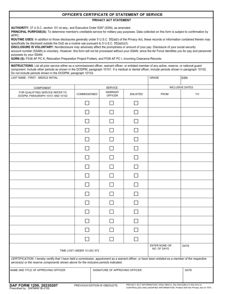 Daf Form 1299 Officers Certificate Of Statement Of Service Finder Doc