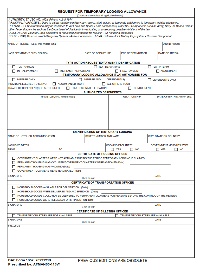 DAF Form 1357 - Request For Temporary Lodging Allowance