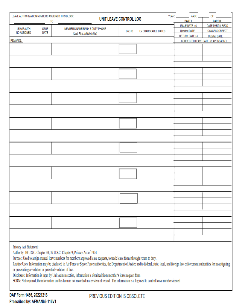 DAF Form 1486 Unit Leave Control Log Finder Doc