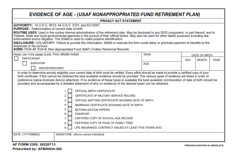 AF 2395 Form - Evidence Of Age - (Usaf Nonappropriated Fund Retirement Plan)