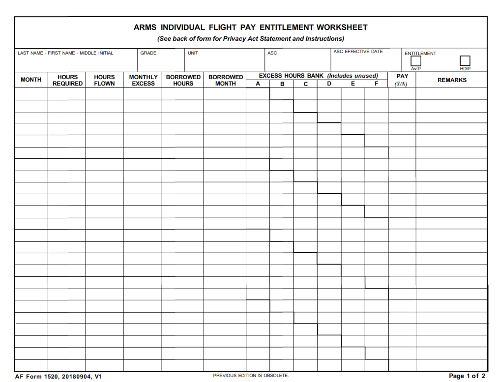 AF Form 1520 - Arms Individual Flight Pay Entitlement Worksheet Part 1
