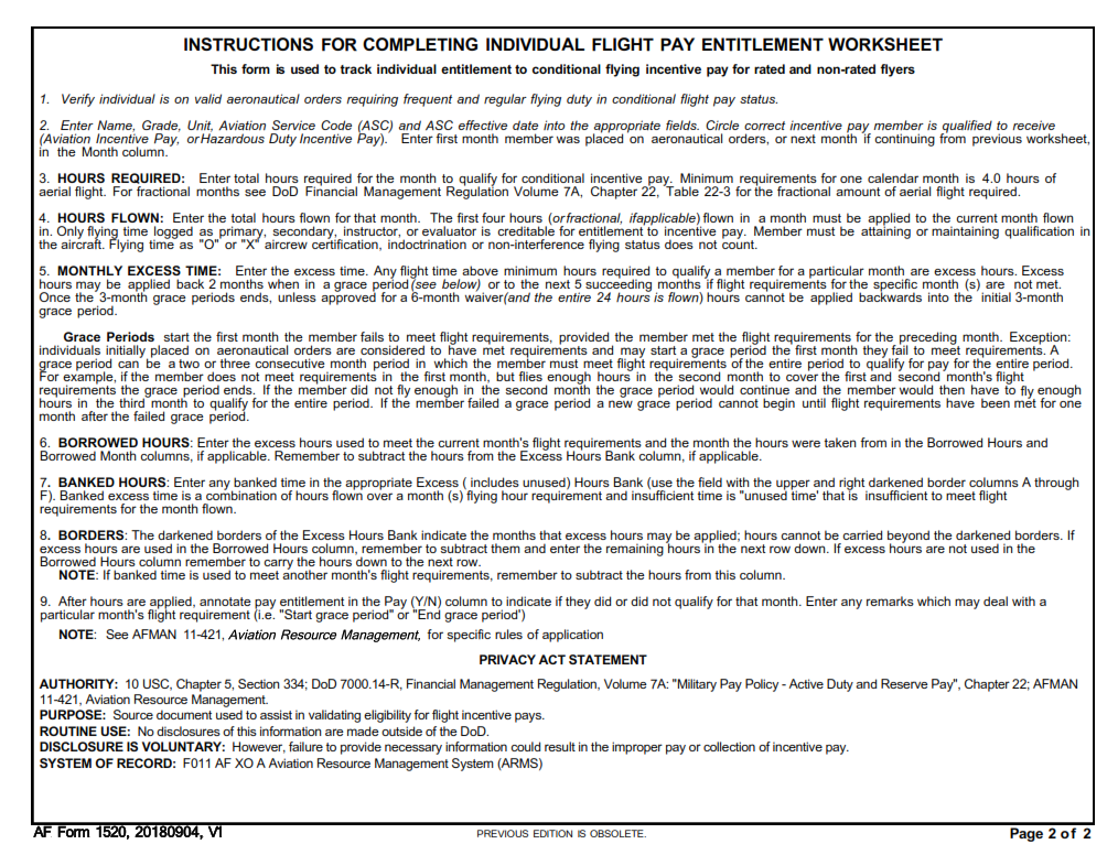 AF Form 1520 Arms Individual Flight Pay Entitlement Worksheet