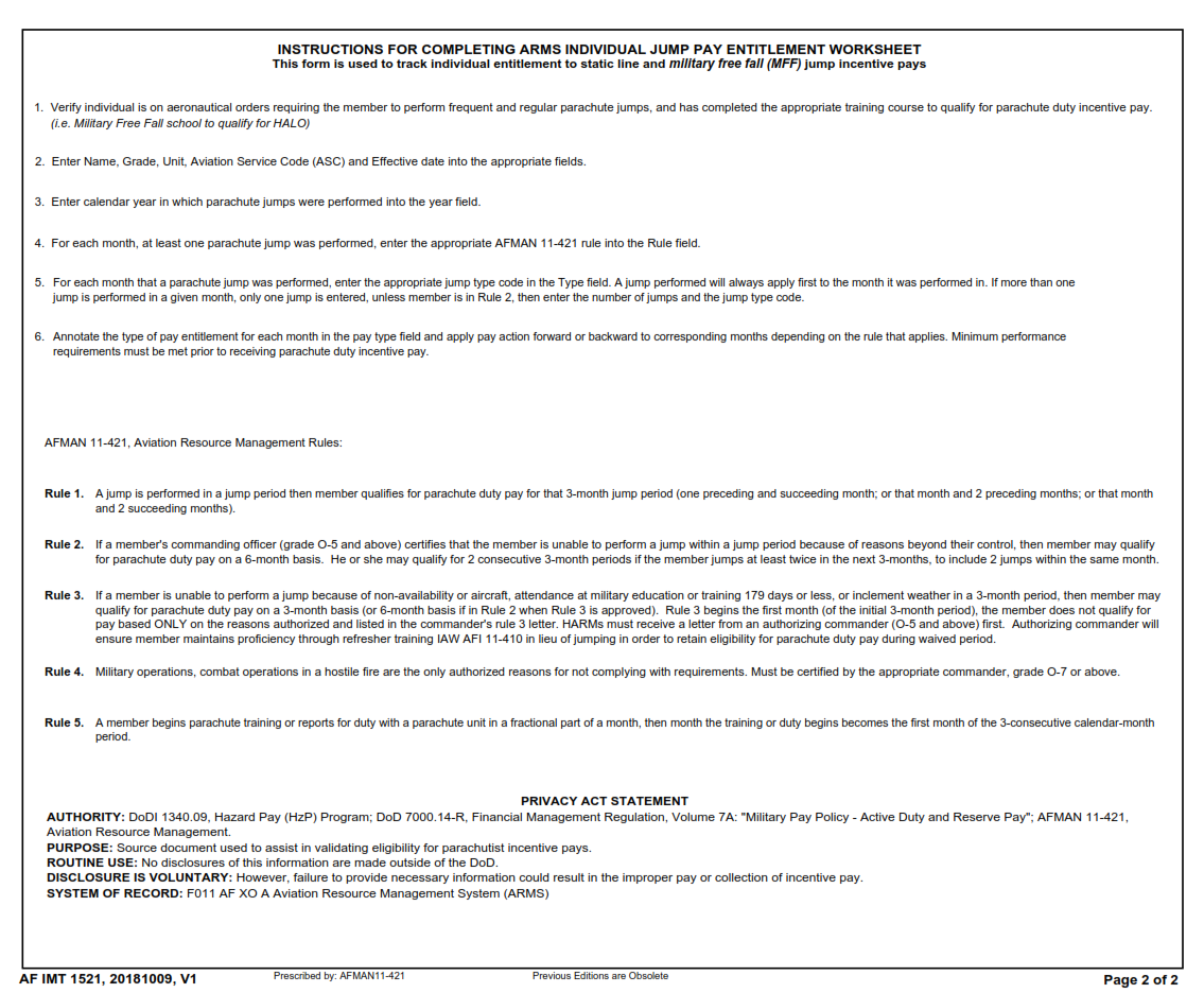 AF Form 1521 - Arms Individual Jump Pay Entitlement Worksheet Part 2