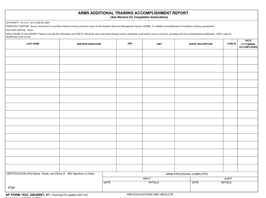 AF Form 1522 - Arms Additional Training Accomplishment Report Part 1