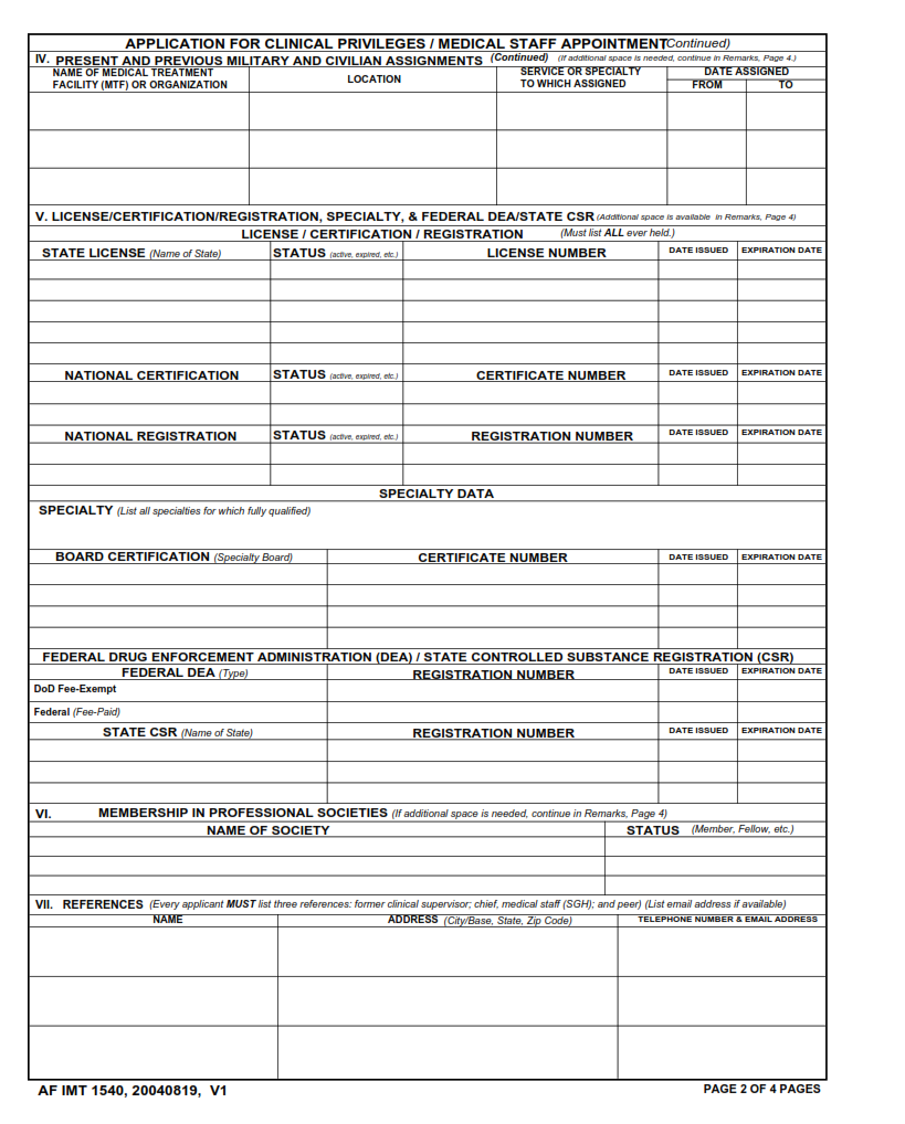 AF Form 1540 - Application For Clinical Privileges Medical Staff Appointment Part 2
