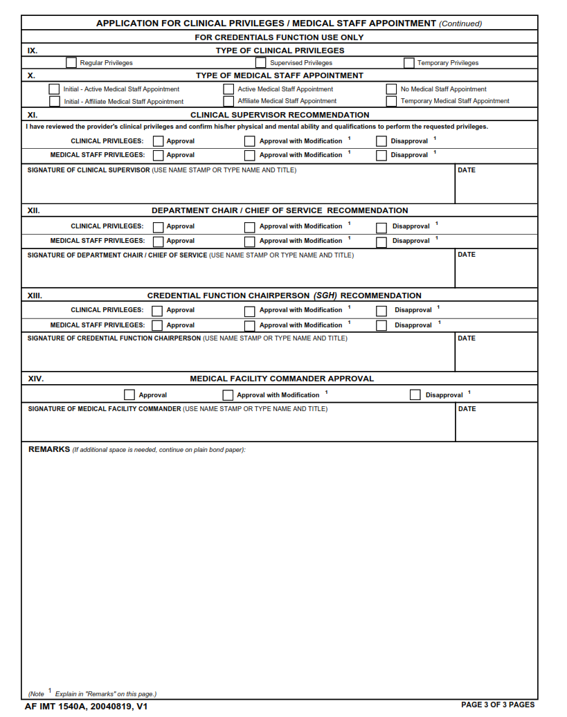 AF Form 1540A - Application For Clinical Privileges Medical Staff Appointment Update Part 3