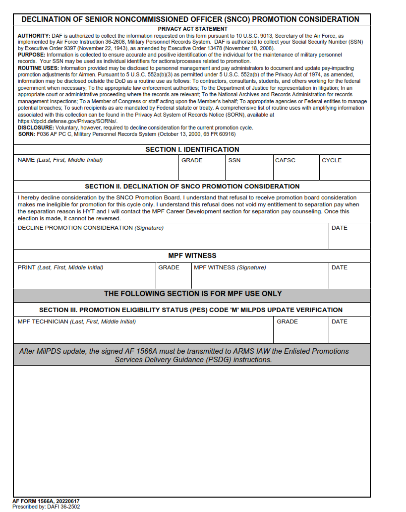 AF Form 1566A - Declination Of Senior Noncommissioned Officer (Snco) Promotion Consideration