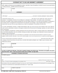 AF Form 1585 - Convenant Not to Sue and Indemnity Agreement