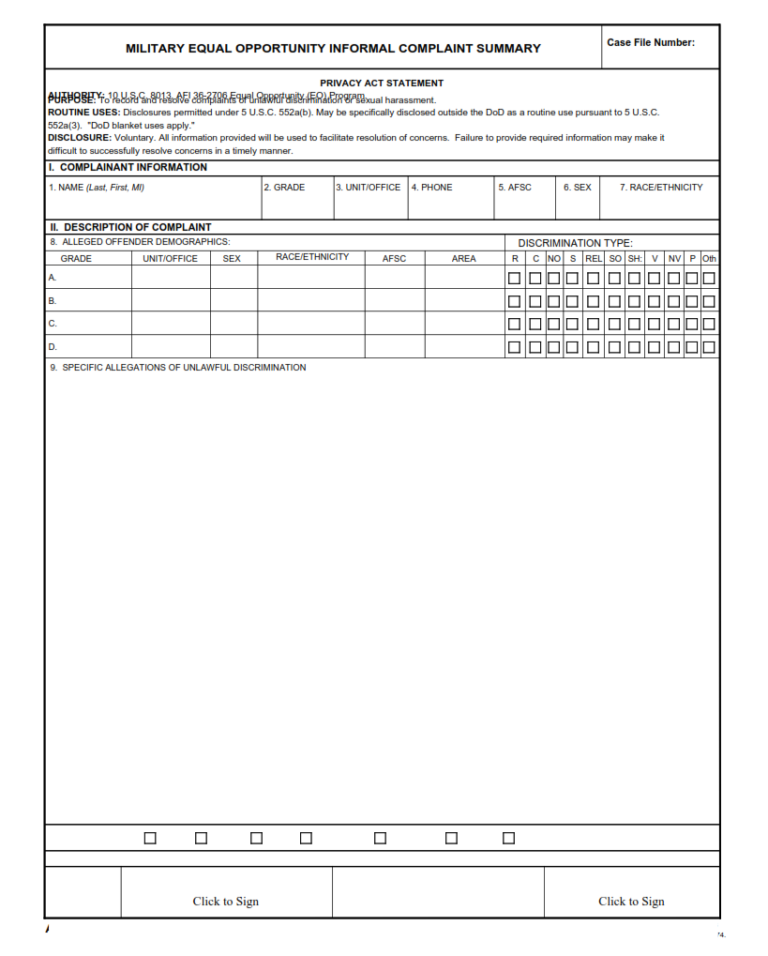 AF Form 1587-1 – Military Equal Opportunity Informal Complaint Summary ...