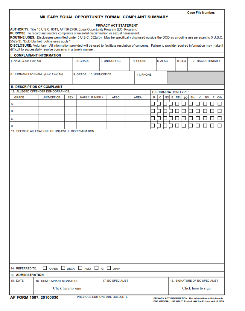 AF Form 1587 - Military Equal Opportunity Formal Complaint Summary Part 1