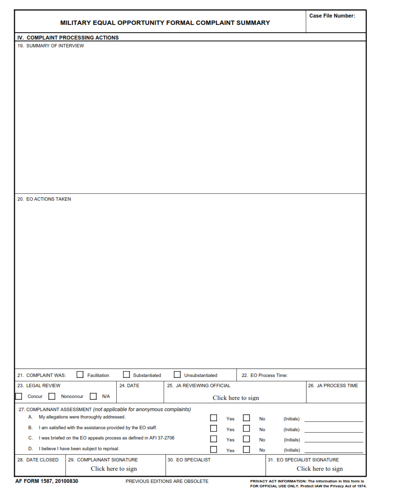 AF Form 1587 - Military Equal Opportunity Formal Complaint Summary Part 2