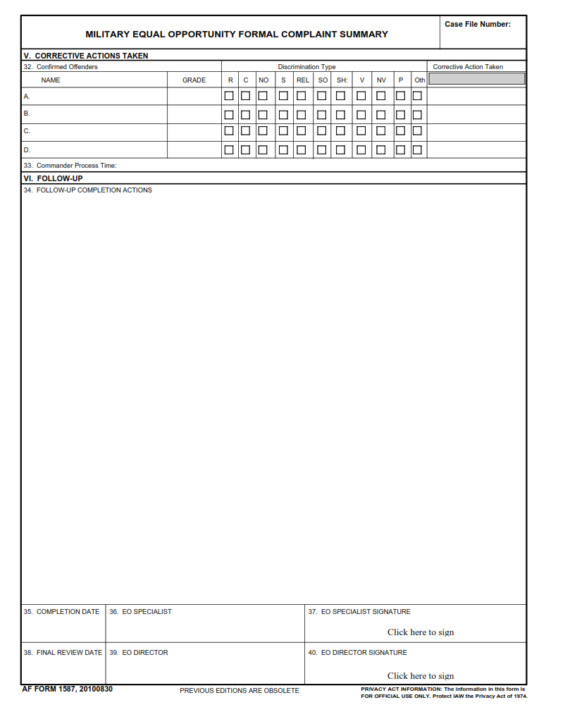 AF Form 1587 - Military Equal Opportunity Formal Complaint Summary Part 3