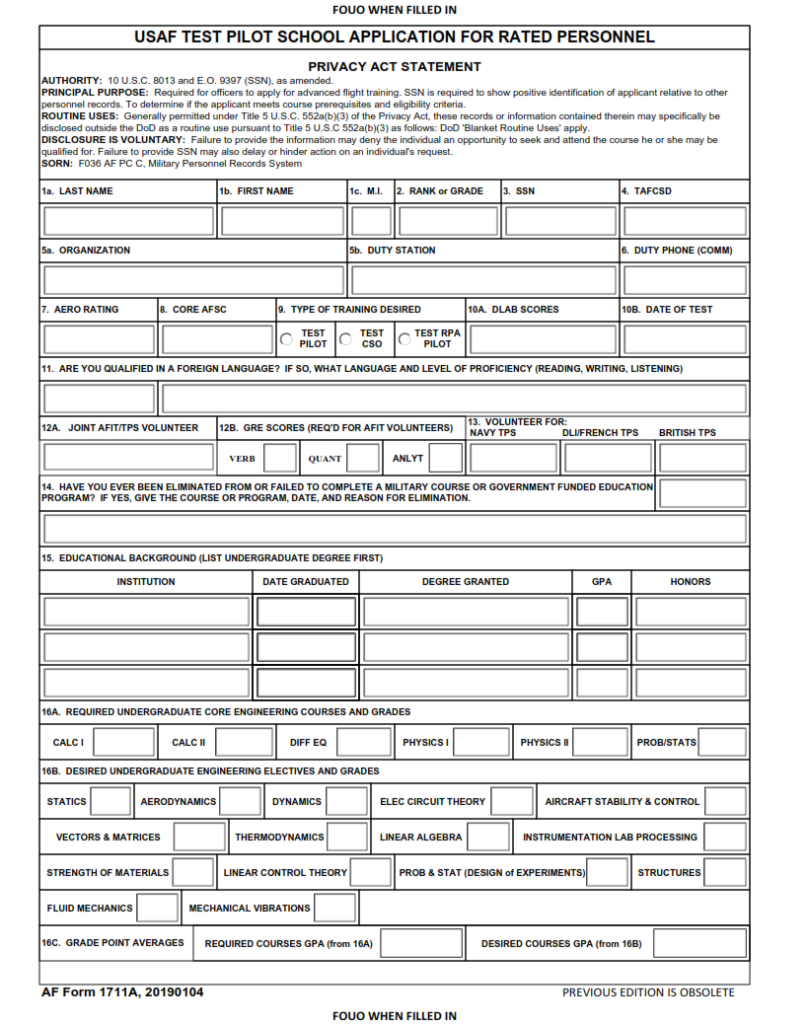 AF Form 1711A – Usaf Test Pilot School Application For Rated Personnel ...