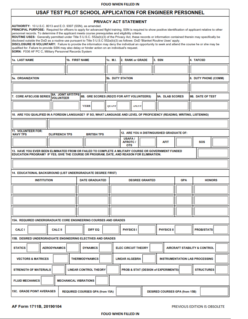 AF Form 1711B - Usaf Test Pilot School Application For Engineer Personnel part 1