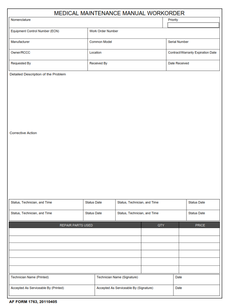 AF Form 1763 – Medical Maintenance Manual Work Order | Finder Doc