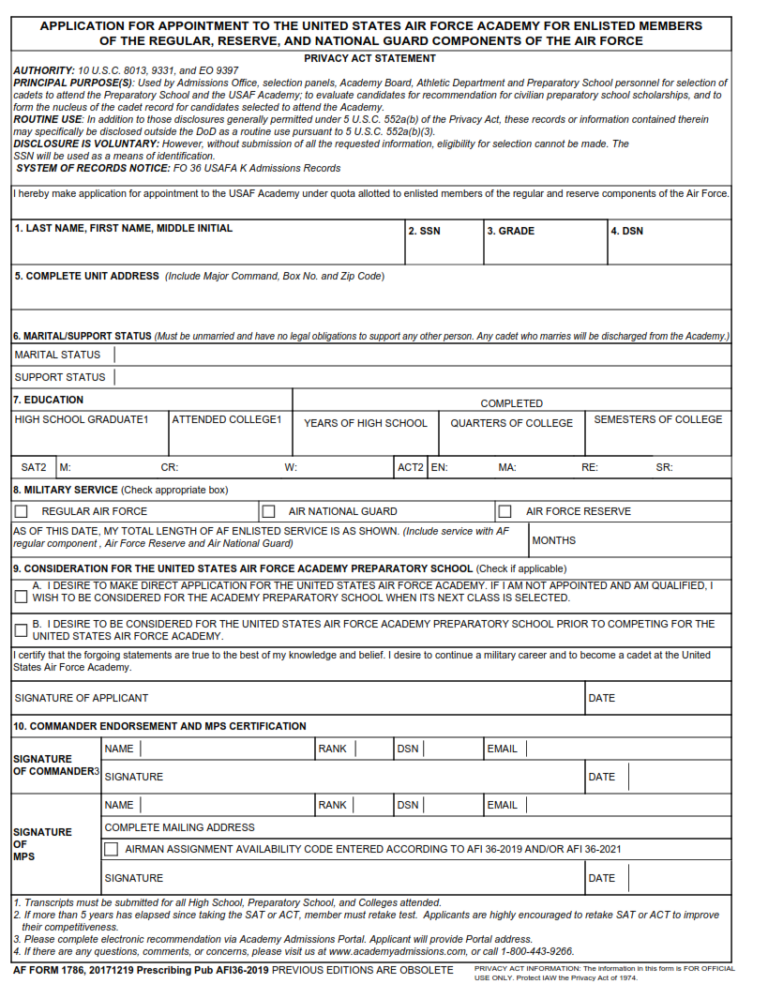 Af Form 1786 Application For Appointment To The United States Air Force Academy Under Quota 5671