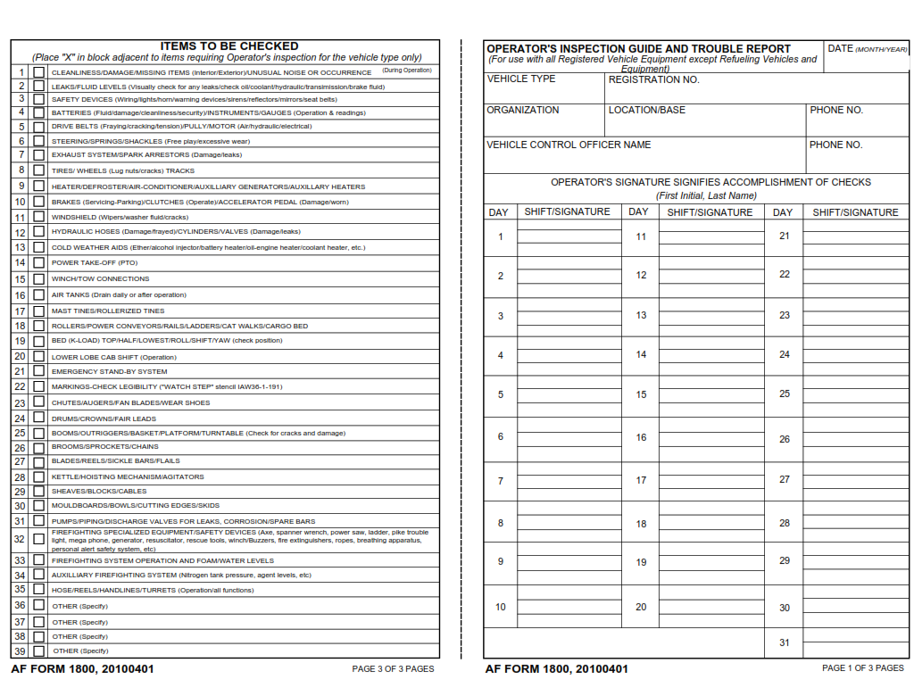 AF Form 1800 - Operator's Inspection Guide And Trouble Report Part 1