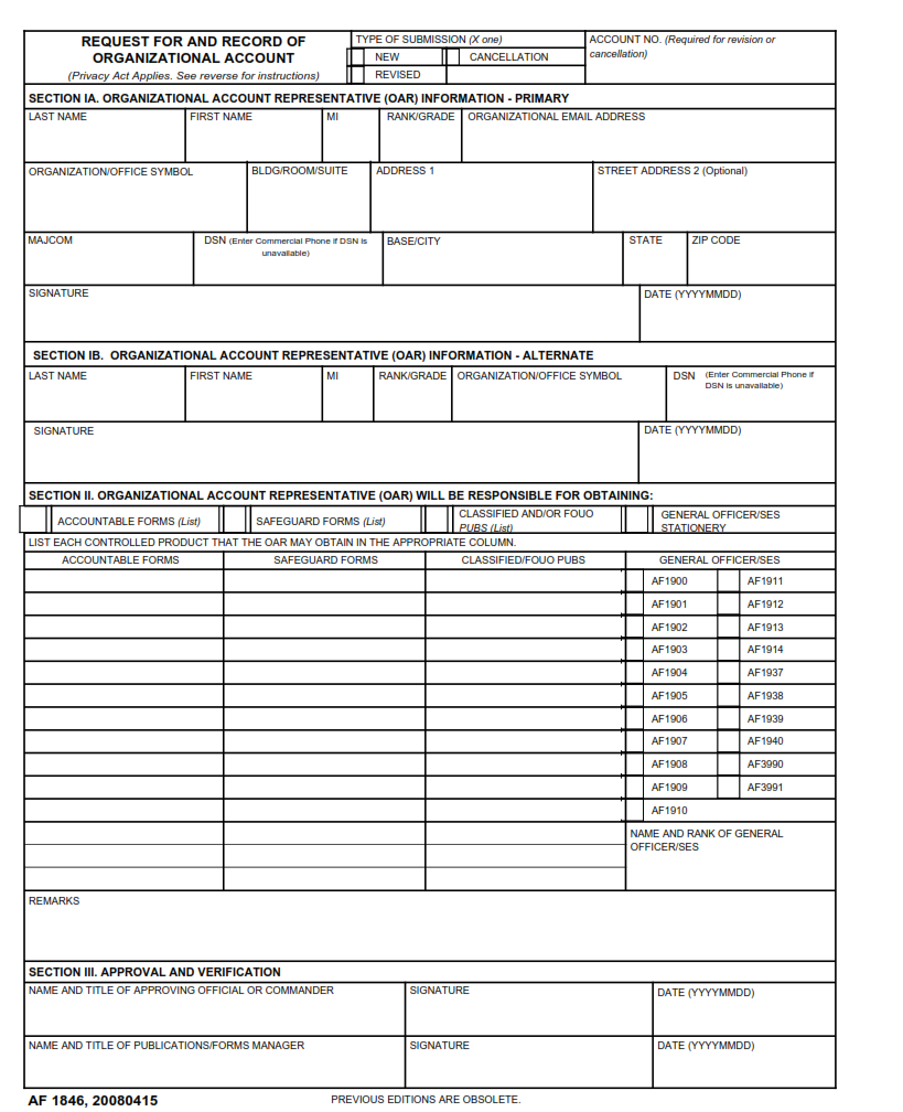 AF Form 1846 - Request For And Record Of Organizational Account Part 1