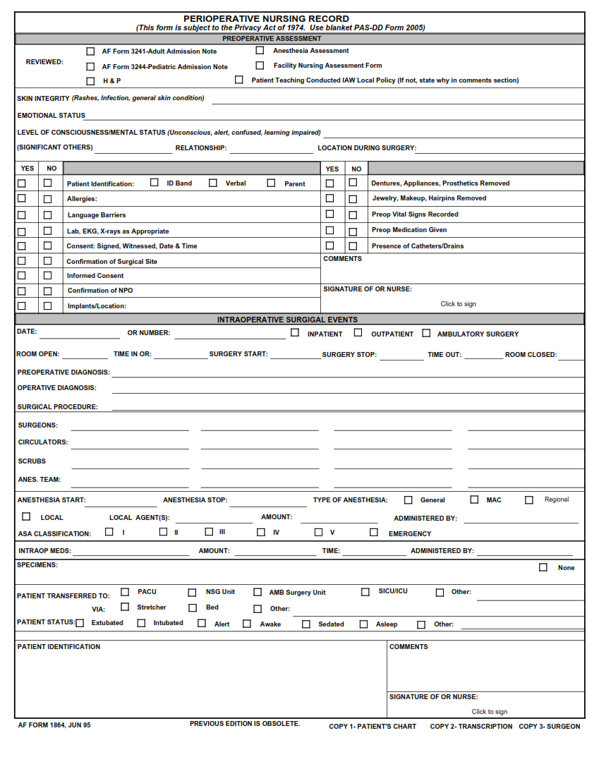AF Form 1864 - Perioperative Nursing Record (DD Form 2005, Privacy Act Statement serves)
