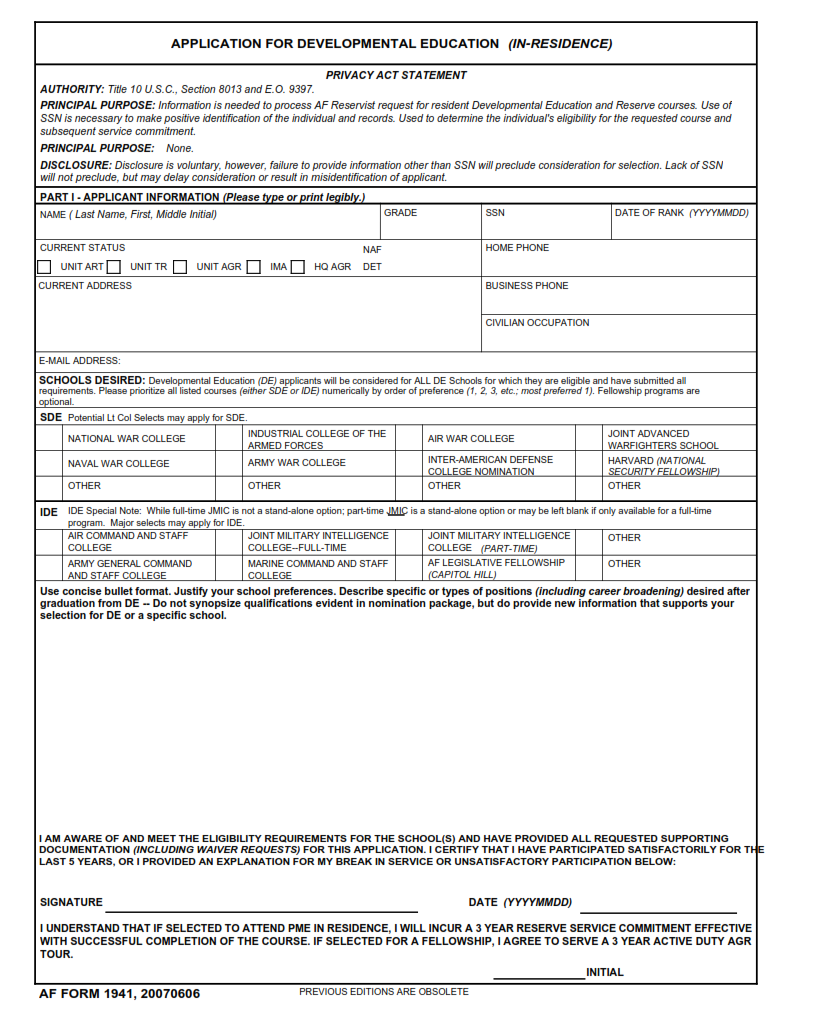 AF Form 1941 - Application For Developmental Education (In-Residence) part 1