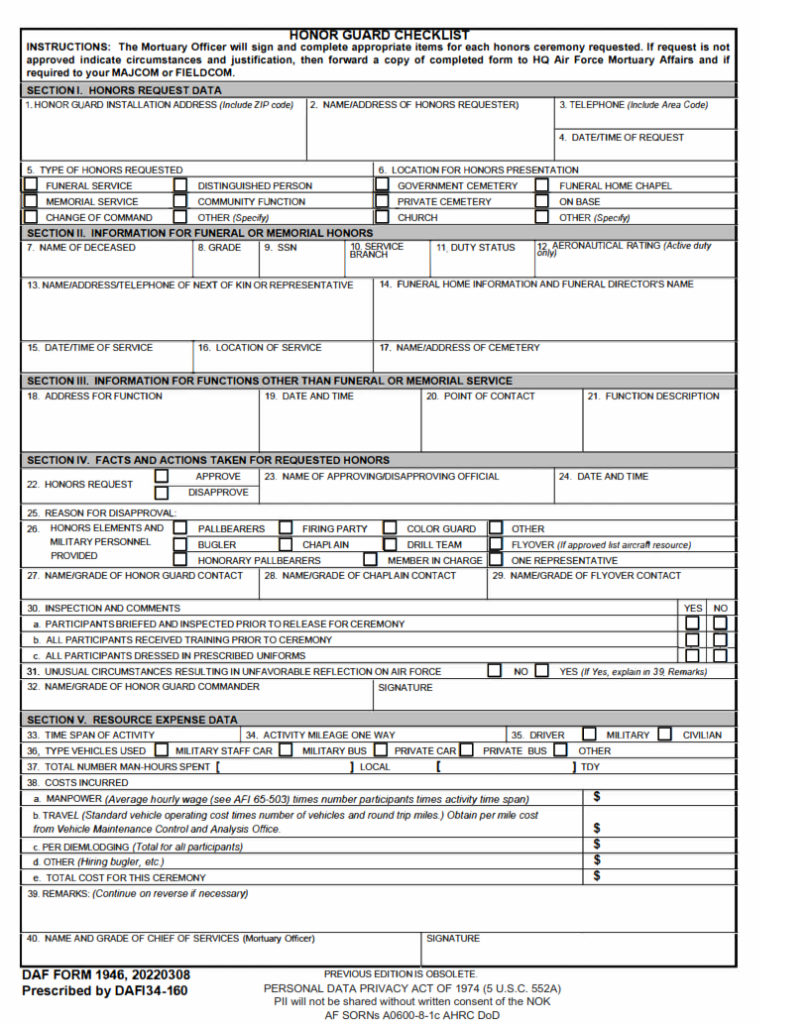 AF Form 1946 – Honor Guard Checklist | Finder Doc