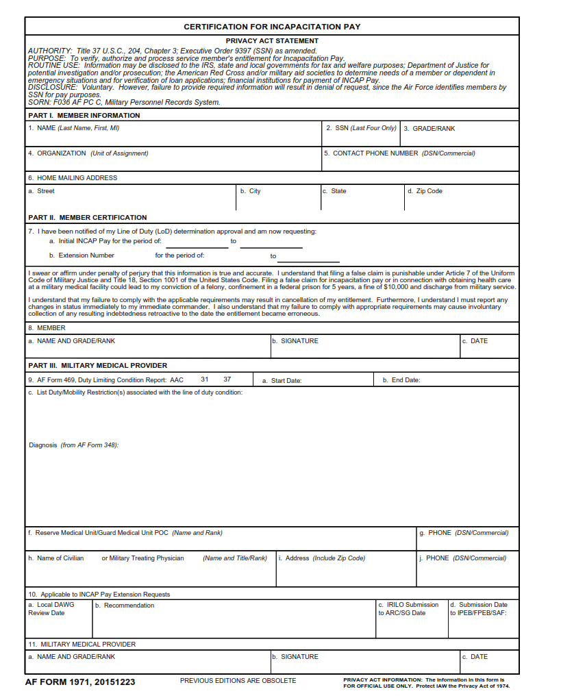 AF Form 1971 - Certification For Incapacitation Pay