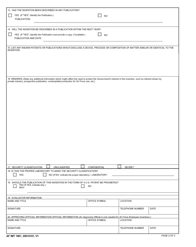 AF Form 1981 – Invention Evaluation | Finder Doc