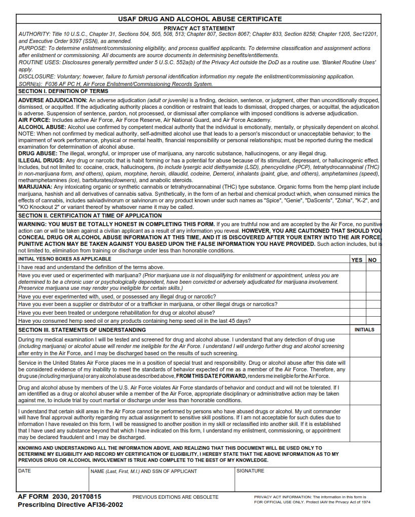 AF Form 2030 - Usaf Drug And Alcohol Abuse Certificate Part 1