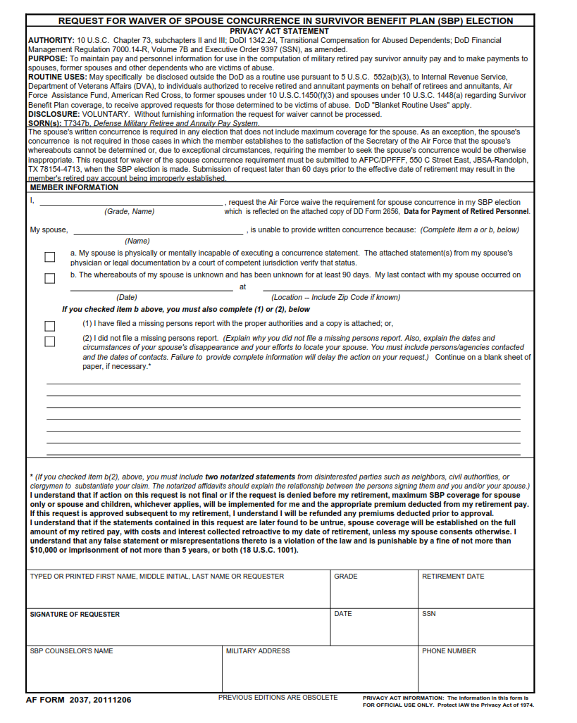 AF Form 2037 - Request For Waiver Of Spouse Concurrence In Survivor Benefit Plan (SBP) Election