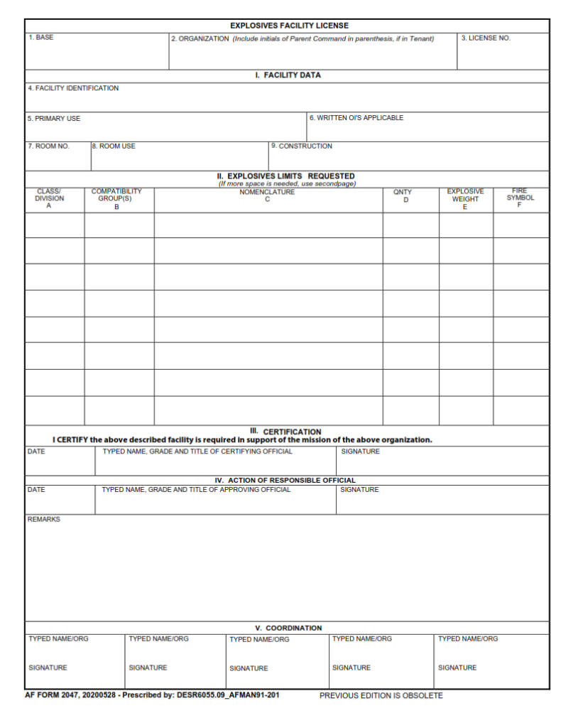 AF Form 2047 – Explosives Facility License | Finder Doc