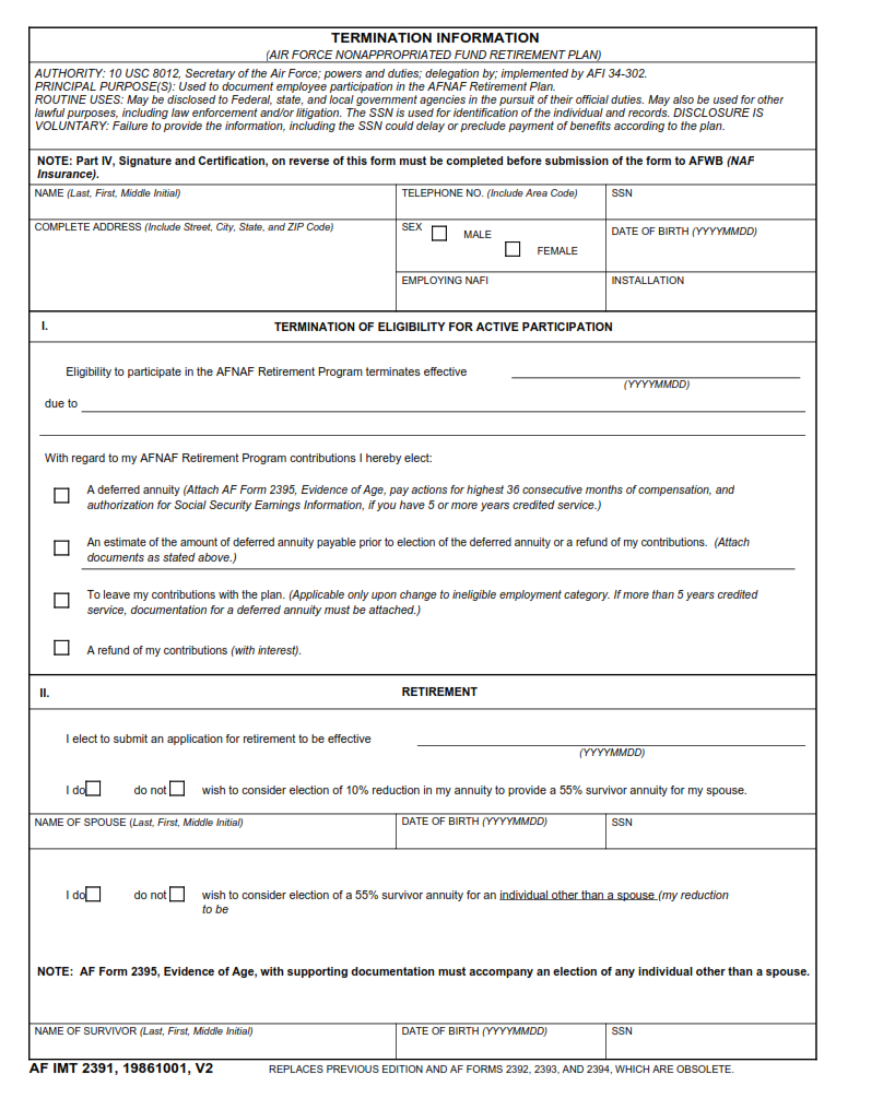 AF Form 2391 - Termination Information (Air Force Nonappropriated Fund Retirement Plan) Part 1