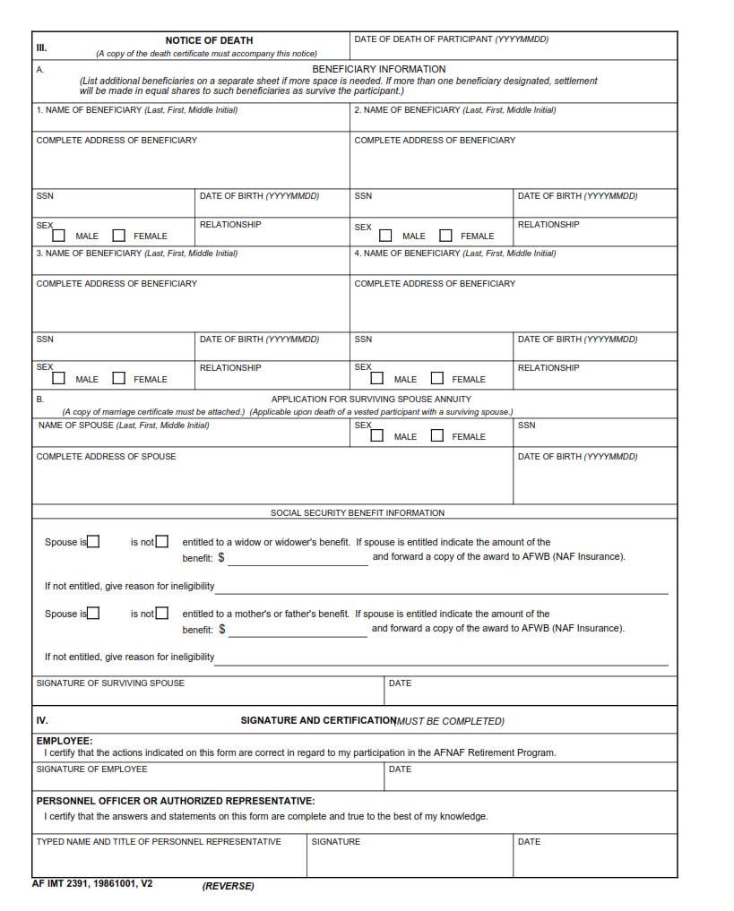 AF Form 2391 - Termination Information (Air Force Nonappropriated Fund Retirement Plan) Part 2