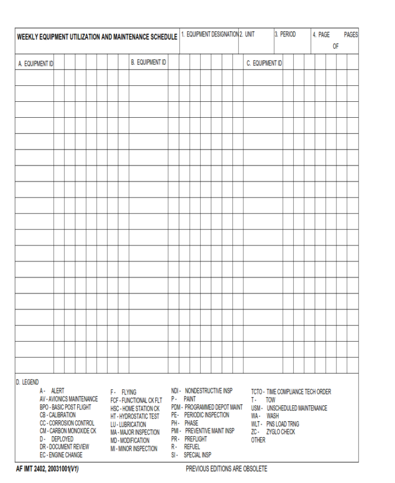 AF Form 2402 – Weekly Equipment Utilization And Maintenance Schedule ...