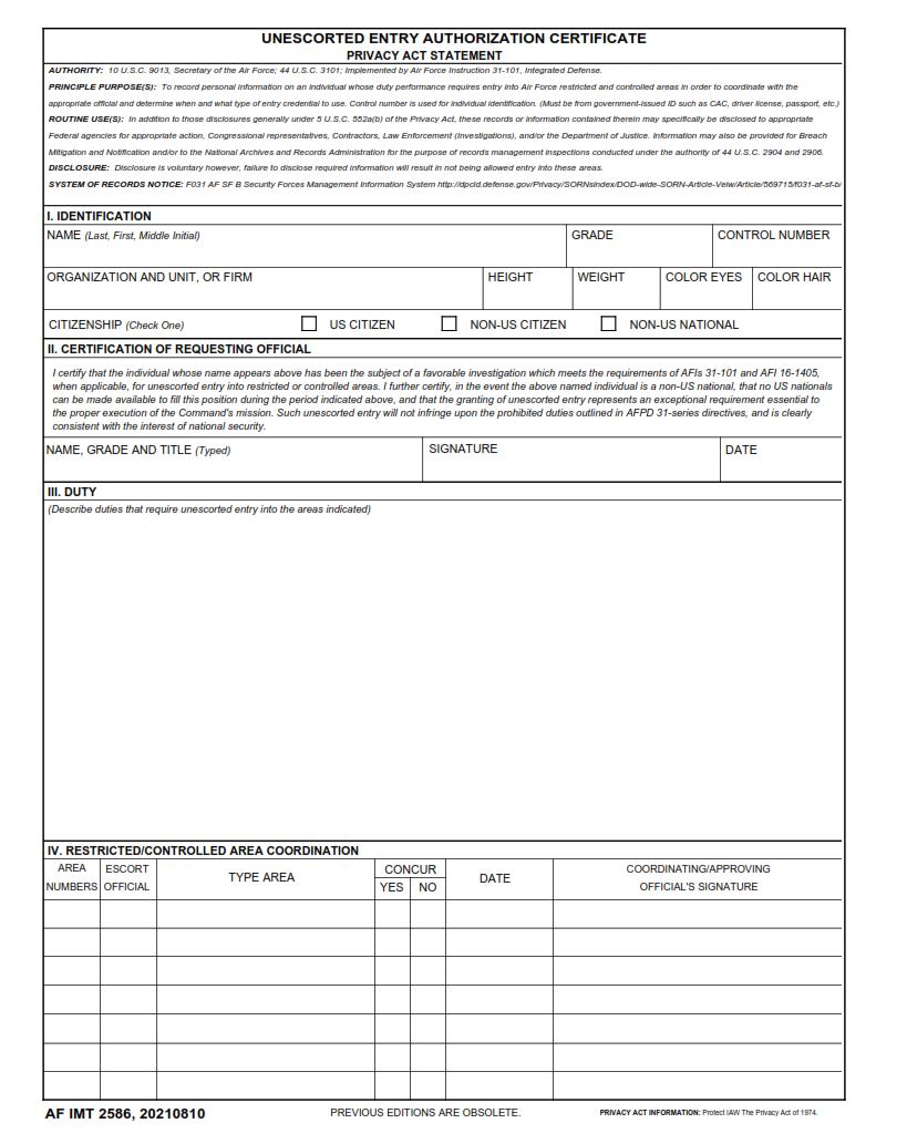 AF Form 2586 - Unescorted Entry Authorization Certificate Part 1